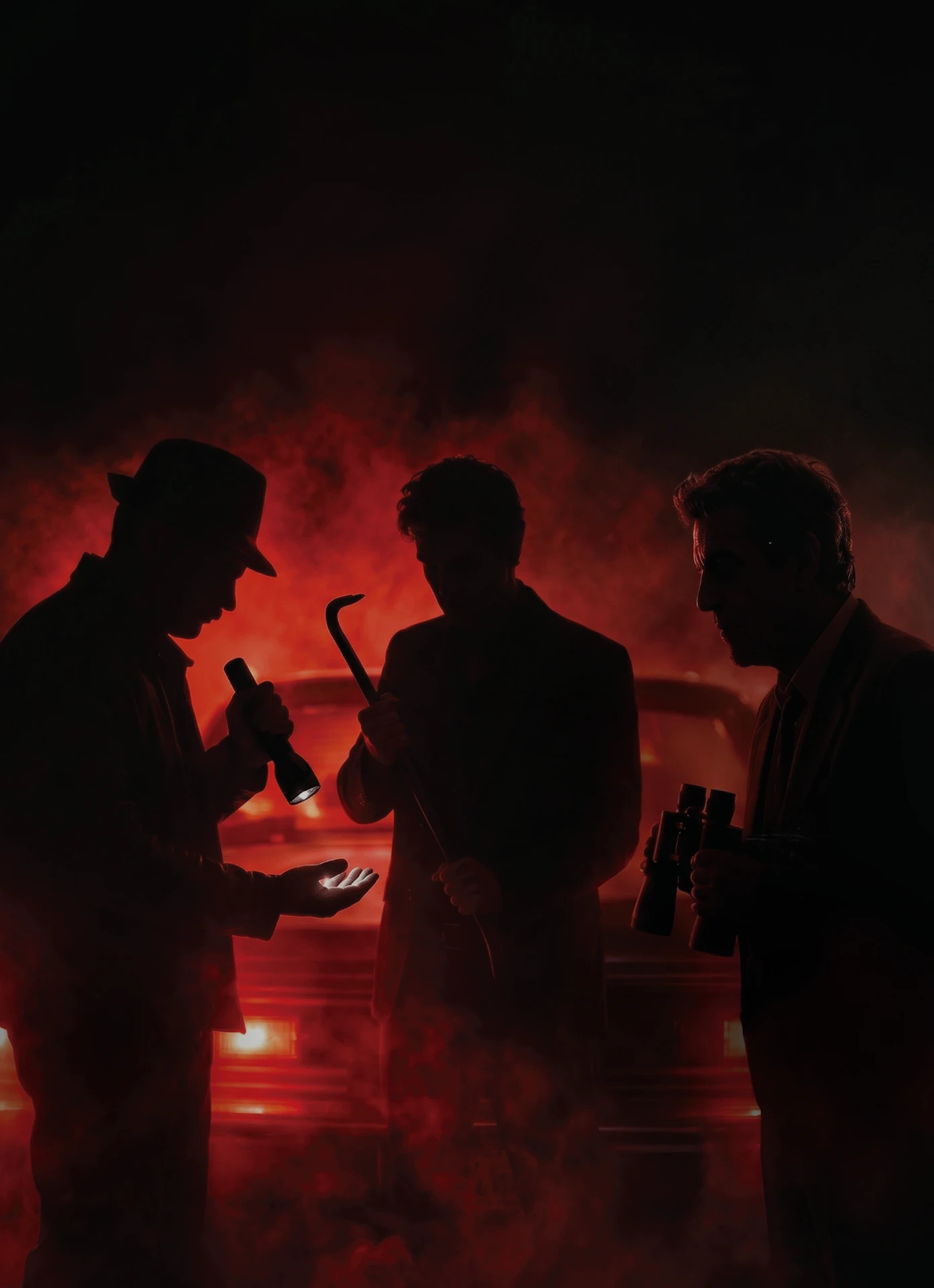 Silent Score — three silhouetted men against red smoke