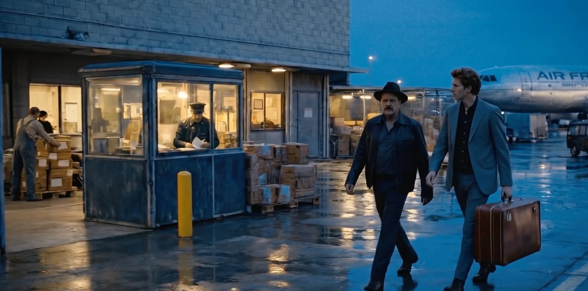 Two men walk past an Air France cargo checkpoint on a rain-slicked tarmac at dusk, a jet visible behind them