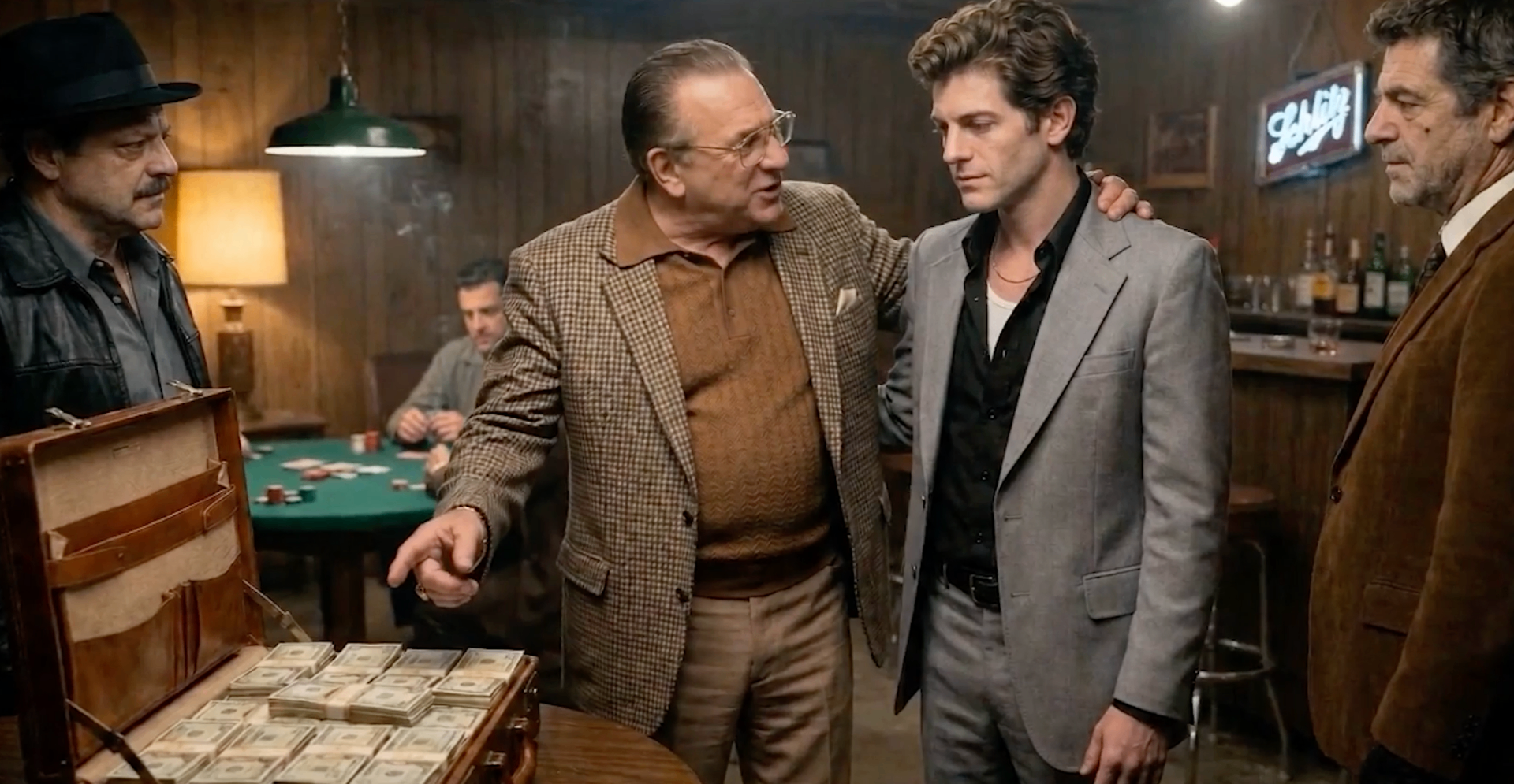 Four men confer in a dimly lit back room bar over a poker table